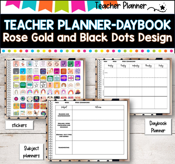 Daybook Planner for Teachers- Rose Gold and Black SPOTS PDF I GOOGLE SLIDES I PPT