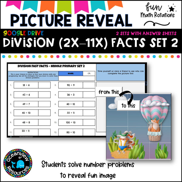 FUN Picture reveal DIGIT mixed division with worksheets (2 sets)