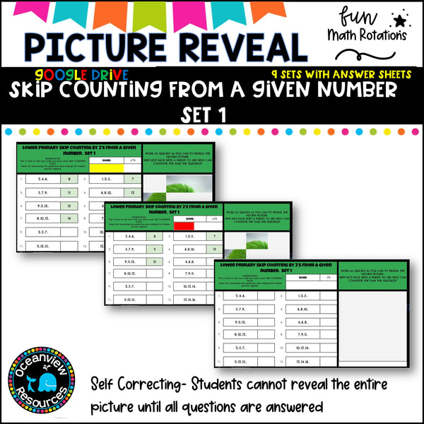 GOOGLE Picture Reveal SKIP COUNTING FROM A GIVEN NUMBER with worksheets (9 sets)