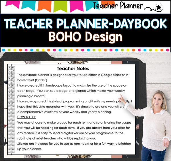 Daybook Planner for Teachers- BOHO PDF I GOOGLE SLIDES I PPT