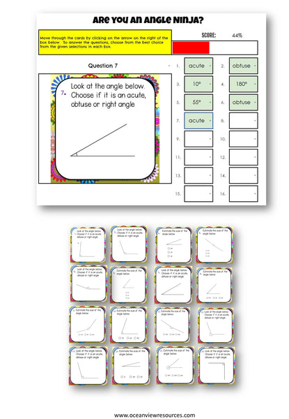 GOOGLE slides NINJA picture reveal 16 questions about angles with worksheets