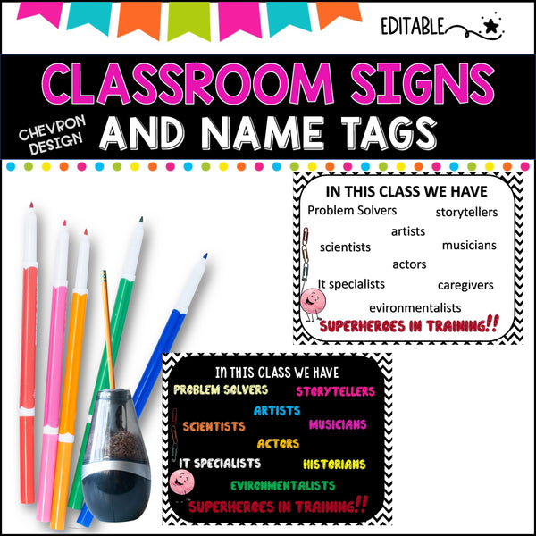 Classroom Signs and Name tags (Editable) BLACK AND WHITE