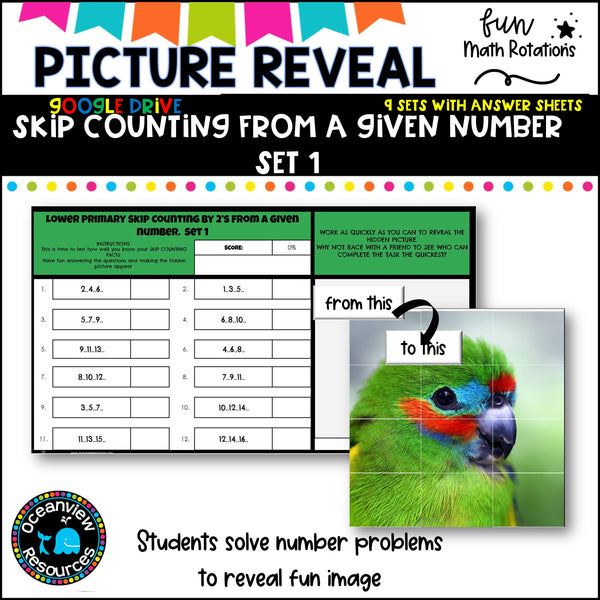 GOOGLE Picture Reveal SKIP COUNTING FROM A GIVEN NUMBER with worksheets (9 sets)