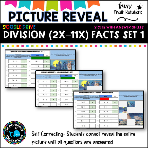 FUN Picture reveal DIGIT mixed division with worksheets (2 sets)