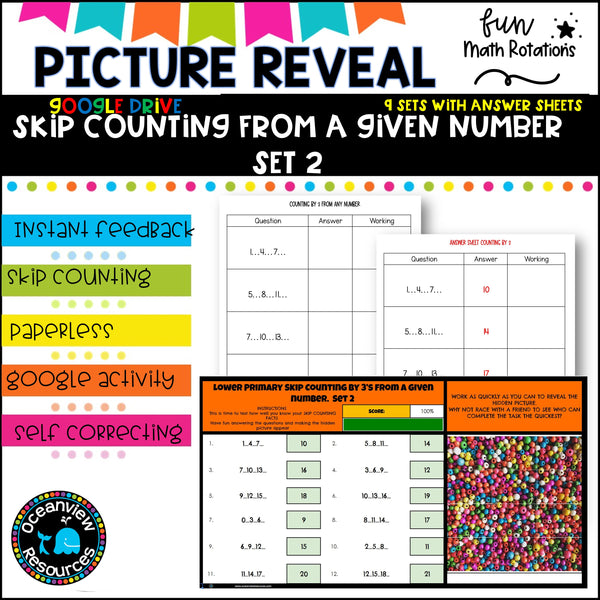 GOOGLE Picture Reveal SKIP COUNTING FROM A GIVEN NUMBER with worksheets (9 sets)