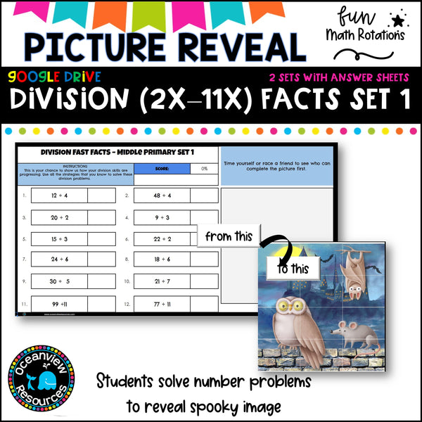 FUN Picture reveal DIGIT mixed division with worksheets (2 sets)