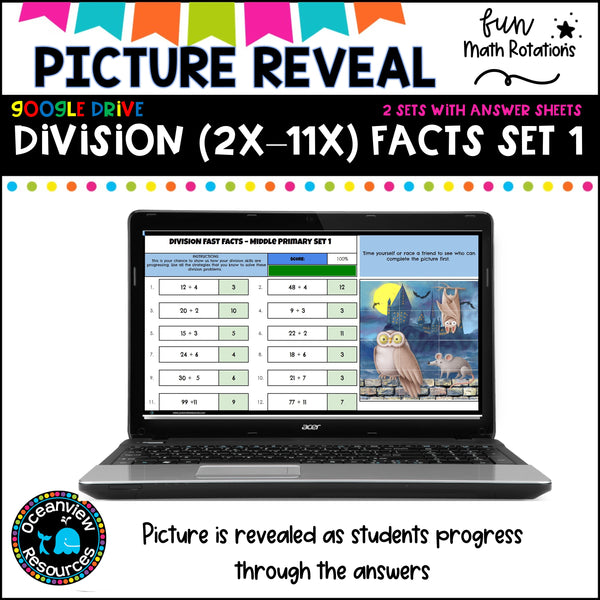 FUN Picture reveal DIGIT mixed division with worksheets (2 sets)