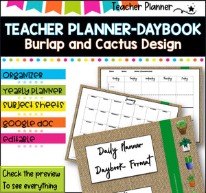 Daybook Planner for Teachers- BURLAP AND CACTUS PDF I GOOGLE SLIDES I PPT