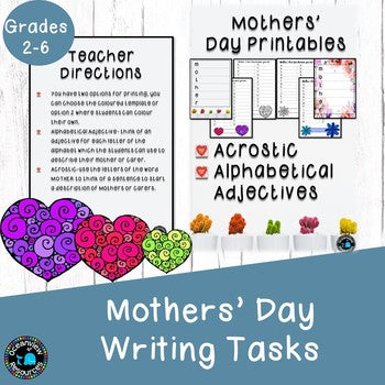 Mothers Day Acrostic or Alphabet Adjective Writing sheets