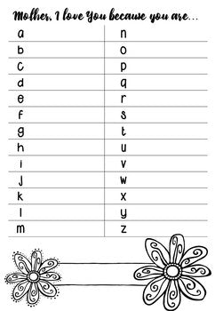 Mothers Day Acrostic or Alphabet Adjective Writing sheets