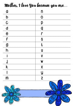 Mothers Day Acrostic or Alphabet Adjective Writing sheets