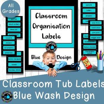 Classroom Tub Labels - Blue Wash Design