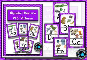 Alphabet cards with Pictures Classroom Decor- Purple Chevron