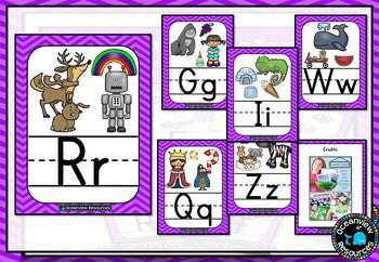 Alphabet cards with Pictures Classroom Decor- Purple Chevron