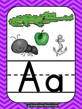 Alphabet cards with Pictures Classroom Decor- Purple Chevron