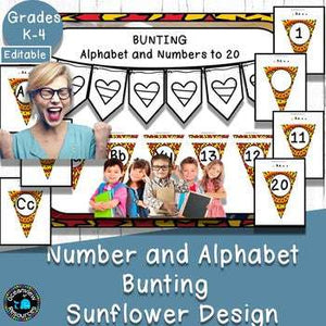 Alphabet and Number Bunting Decor Pack- Sunflower Design