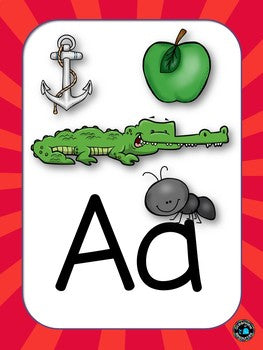 Red themed Alphabet Posters with Pictures, Ideal for Bulletin Boards