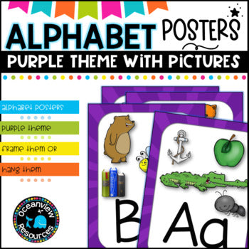 Purple themed Alphabet Posters with Pictures, Ideal for Bulletin Boards