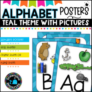 Teal themed Alphabet Posters with Pictures, Ideal for Bulletin Boards