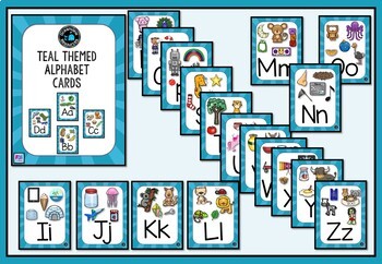 Teal themed Alphabet Posters with Pictures, Ideal for Bulletin Boards