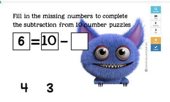 Friends of ten subtraction facts MONSTERS-BOOM CARDS