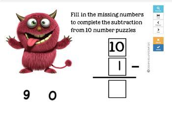 Friends of ten subtraction facts MONSTERS-BOOM CARDS