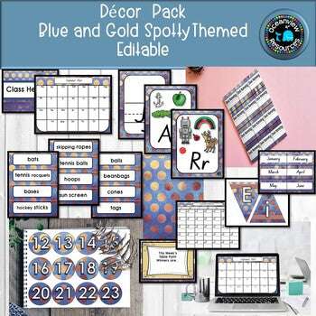 Blue and Gold Spotted classroom DECOR pack. (editable)