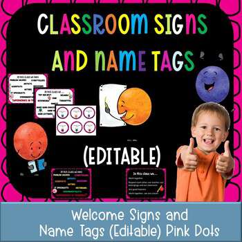Classroom Signs and Name tags (Editable) PINK Half