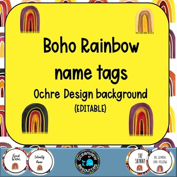 Editable Nametags Circular- OCHRE BACKGROUND  Boho Rainbow design