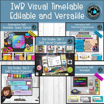 IWB Editable Visual Schedules- space theme, dot dudes and classroom themed