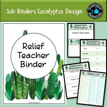 Sub Binder, Relief Teacher Binder - Cactus Design