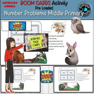 BOOM CARDS- Number Problems-MIDDLE PRIMARY- Aussie animal themed