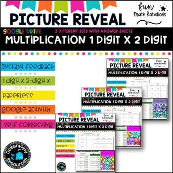 DAISIES Picture reveal DIGIT x 2 DIGITS- Google Activity with worksheets 3 sets