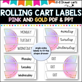 10 Drawer Rolling Cart Labels | PINK AND GOLD DESIGN I Teacher Trolley LABELS