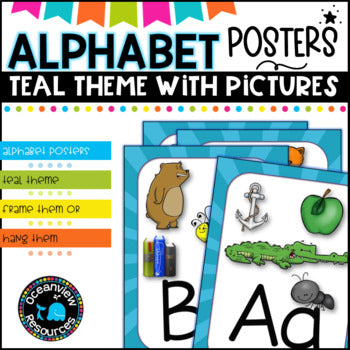 Teal themed Alphabet Posters with Pictures, Ideal for Bulletin Boards