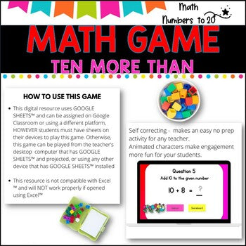 NO PREP MATH GAME l TEN MORE THAN numbers problems to 20 l POWERPOINT GAME