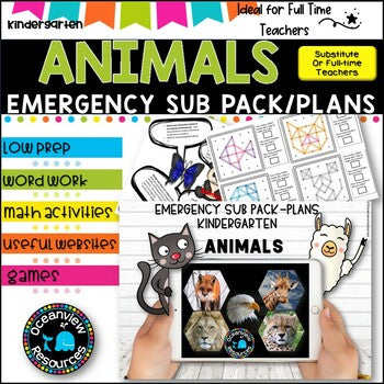 Kindergarten Emergency Sub Plans/Distance Learning Packet Bundle (Animals)