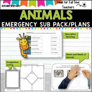 Kindergarten Emergency Sub Plans/Distance Learning Packet Bundle (Animals)