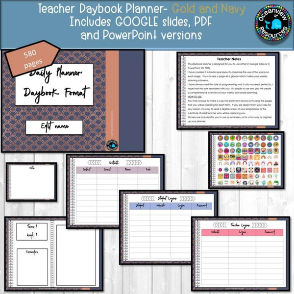 Daybook Planner for Teachers-ROSE GOLD AND NAVY - Oceanview Education and Teaching Supplies 