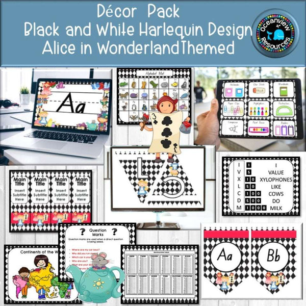 Alice in Wonderland- Black harlequin design  DECOR PACK - Oceanview Education and Teaching Supplies 