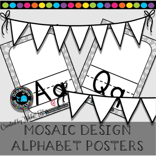 Alphabet Posters -Black and White Kaleidoscope Squares-Mosaic Design