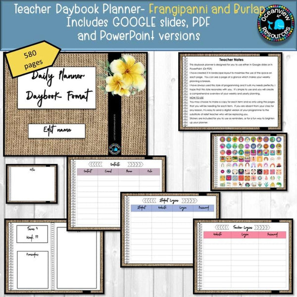 Daybook Planner for Teachers- BURLAP AND FRANGIPANNI - Oceanview Education and Teaching Supplies 