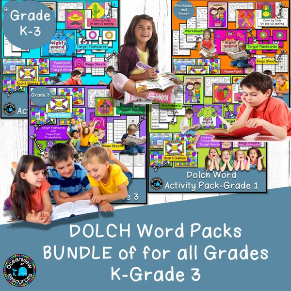 Dolch word Activity Packs k-3 with BONUS game board pack - Oceanview Education and Teaching Supplies 